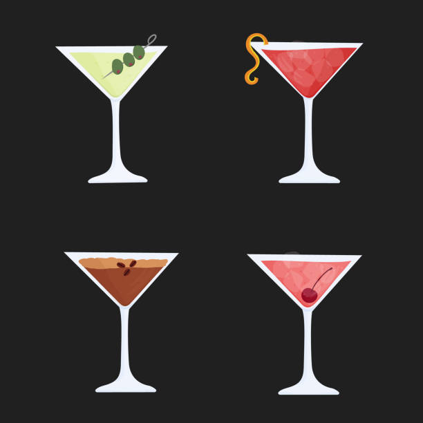 ilustraciones, imágenes clip art, dibujos animados e iconos de stock de ilustración vectorial dibujada a mano de vasos con cócteles dirty martini, cosmopolitan, manhattan. aislado sobre fondo blanco. - martini martini glass dirty martini olive