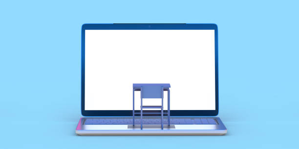 istock Open laptop screen with desk and chair for remote education and work 1339785175
