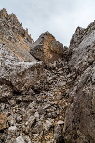 istock High mountain scenery with big stones, dolomitian peaks and cloudy sky in Dolomites 1339785180