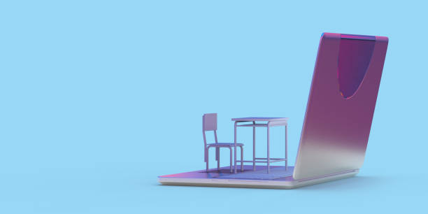 istock Side view on desk and chair on a computer for remote education and work 1339785213