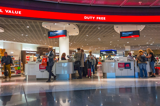 Frankfurt, Germany - October 16, 2018: Duty free store at an airport