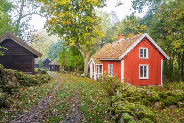 cottage rosso in una strada del villaggio in campagna - house wood dirt road footpath foto e immagini stock