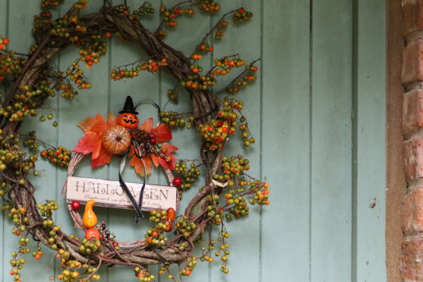 istock Halloween wreath on the door. 1339786718