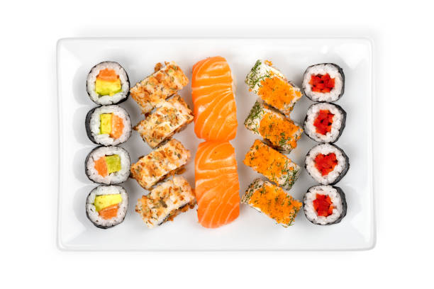 top view of plate with assorted sushi assortment - sushischotel stockfoto's en -beelden