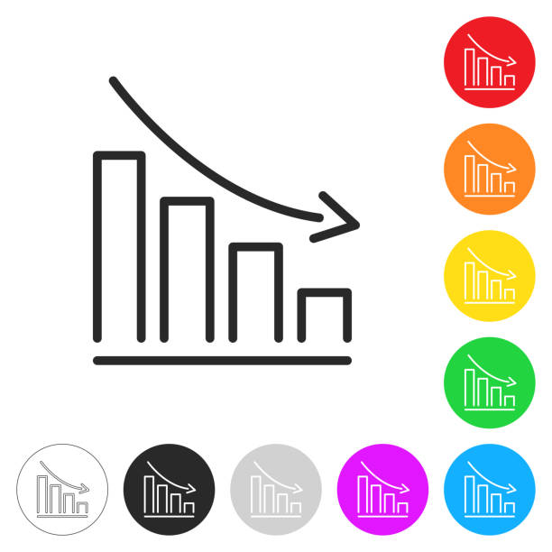 ilustraciones, imágenes clip art, dibujos animados e iconos de stock de gráfico decreciente. iconos planos en botones en diferentes colores - gráfico de barras en el botón azul redondo