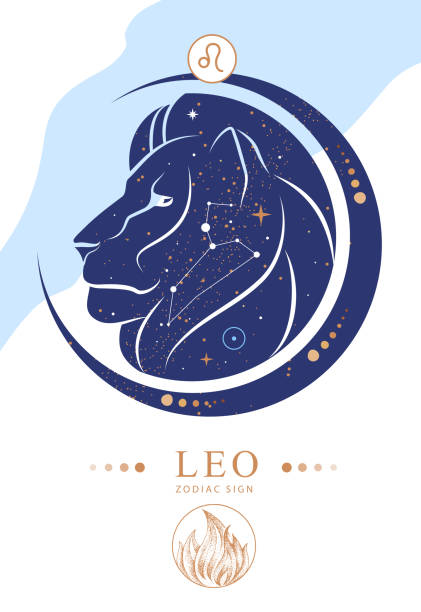 ilustraciones, imágenes clip art, dibujos animados e iconos de stock de tarjeta de brujería mágica moderna con astrología signo zodiacal leo. característica zodiacal - leo