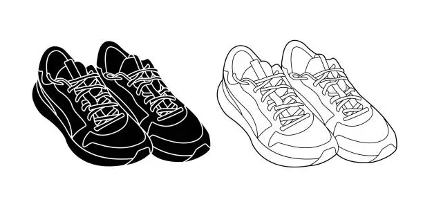 Vector illustration of sneakers outline and silhouette monochrome vector illustration isolated on white background. active lifestyle sports shoes illustration for your business promotion