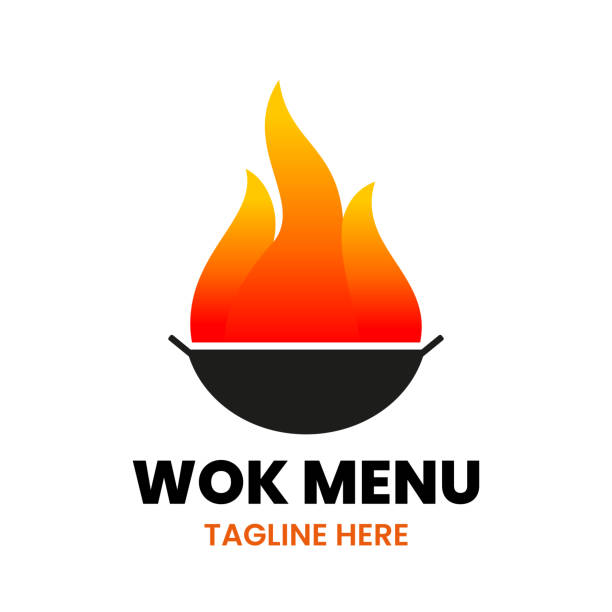 ilustraciones, imágenes clip art, dibujos animados e iconos de stock de plantilla de diseño de símbolos de menú wok. sartén abstracta de wok y fuego. - wok