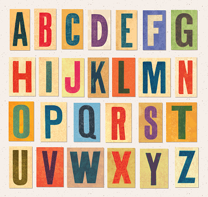 Original vintage alphabet of uppercase letters on colorful boards. Layered textures. Random colors.