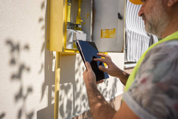 close up technician repairing gas furnace using digital tablet - switch yard imagens e fotografias de stock