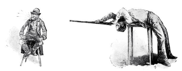 Marksmanship: Shooting the ash of a cigar,  man bent over backwards Illustration from 19th century. old guns stock illustrations