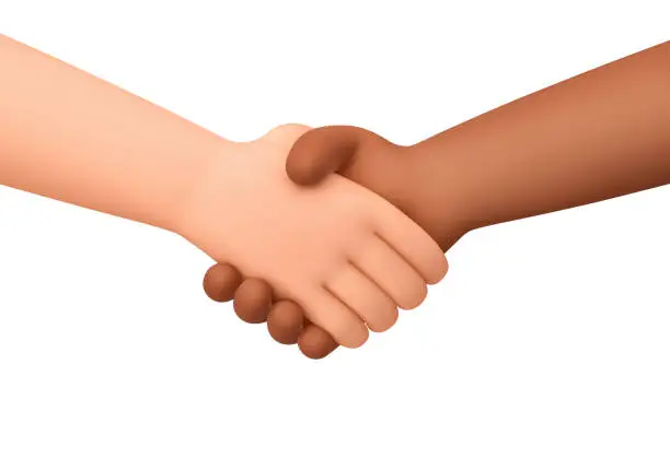 Photo of Black and white human hands in a handshake isolated on white background