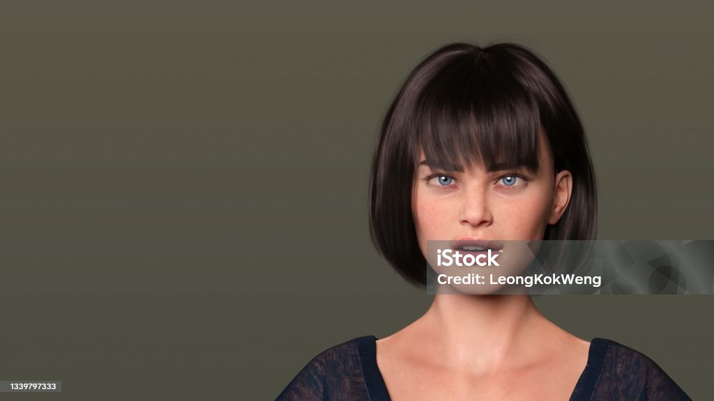 Woman posing. Person is not real. She is a 3D render thus no model release is needed. Lady posing. Person is not real. She is a 3D render thus no model release is needed. Disgust Stock Photo