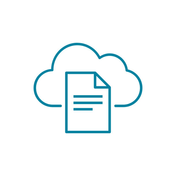 Access document on the cloud icon. Download or upload file on cloud. Online web storage concept. Cloud computing concept. Document flow symbol. Text data sharing. Vector illustration, flat, clip art. cloud storage stock illustrations