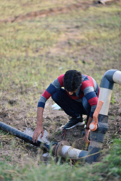 istock Young man farmer working on a  water irrigation piping system in a farm 1339798651