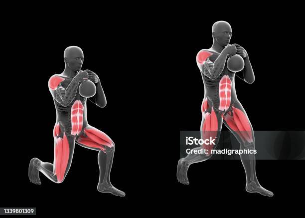 3d Illustration Of Kettlebell Globet Static Lunge Stock Photo - Download Image Now - Kettlebell, Lunge, Active Lifestyle
