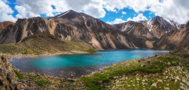 istock Panoramic spring view to mountain lake on background of mountains. Atmospheric green landscape with lake in high mountain valley. Altai Mountains. 1339802406