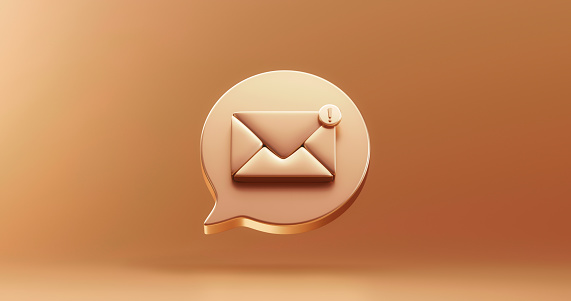 Gold SMS mail notification message icon bubble symbol or new contact alert chat and web flat design on golden background with bubble of social communication email reminder notice sign. 3D rendering.