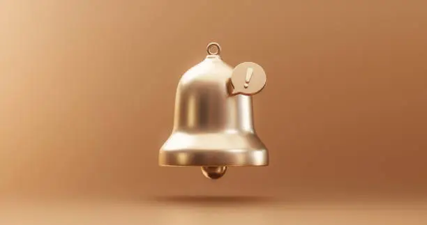 Photo of Gold important update notification bell alarm icon or receive email attention sms sign and internet message illustration on golden background with web communication symbol element. 3D rendering.