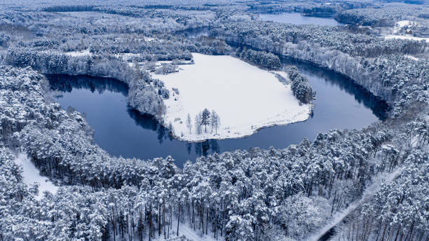 istock Flying above curvy river and snowy forest in winter. 1339806072