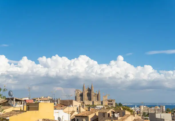 General view of the city of Palma de Mallorca with the Cathedral of Palma in the background at sunset