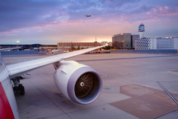 Airplane on runway at Vienna International Airport (Flughafen Wien-Schwechat)