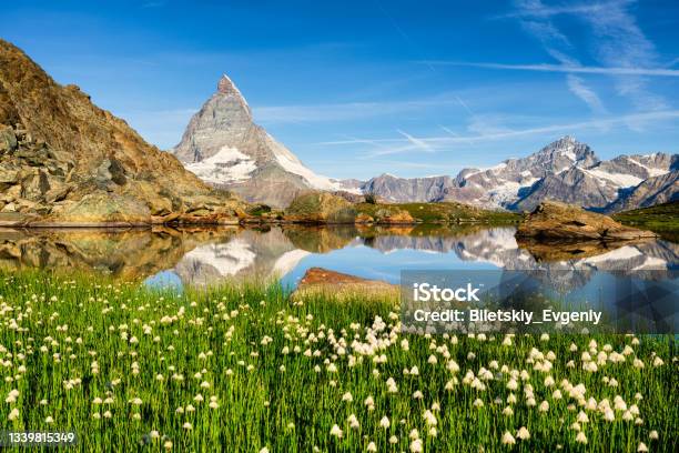 Matterhorn And Reflection On The Water Surface At The Morning Time Beautiful Natural Landscape In The Switzerland Stock Photo - Download Image Now