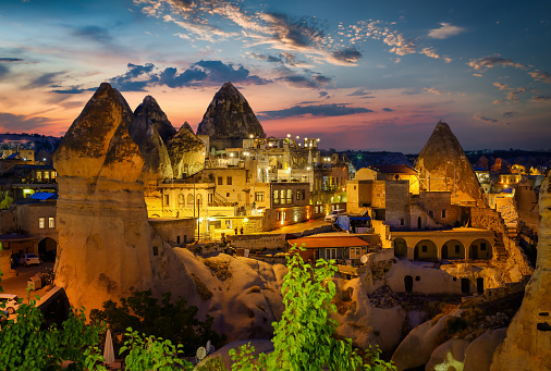 Goreme town on sunset in Cappadocia, Central Anatolia,Turkey