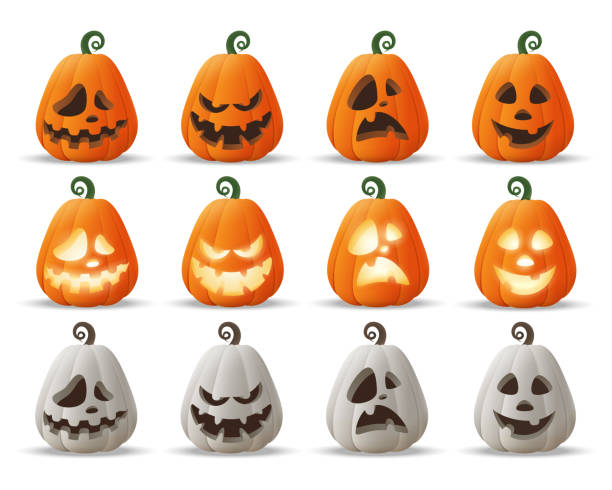 halloween jack o lantern kürbisse set - orange, weiß und leuchtend süße kürbisse isoliert auf transparentem hintergrund - kürbisernte stock-grafiken, -clipart, -cartoons und -symbole