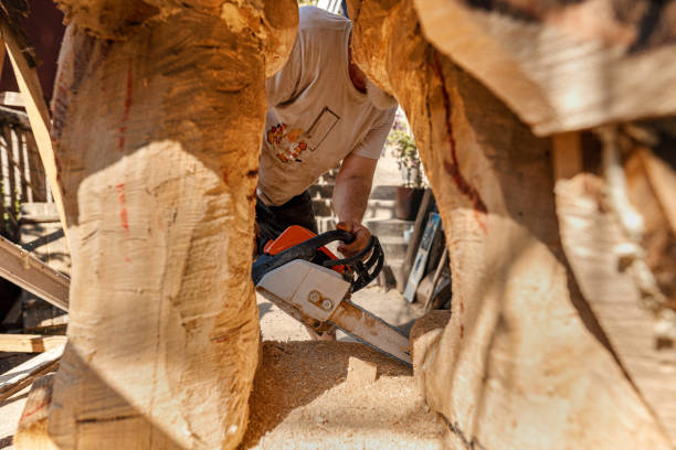 Senior artist using chainsaw for making wooden statue