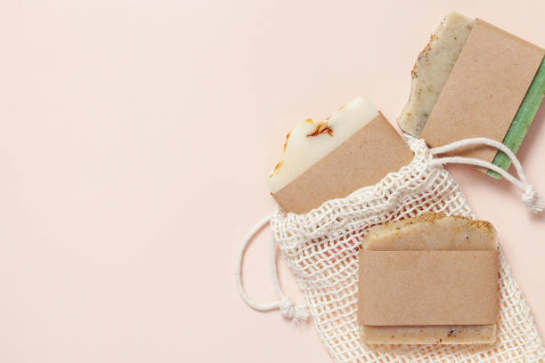 istock Aromatic Natural Soap. Different Handmade soap bars  on table. No plastic concept. Top view 1339819430
