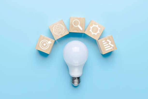 istock light bulb on blue background with icons brainstorming and business sources icon, innovation and creative concept 1339823514