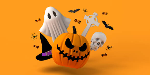 istock Halloween for kids with jack-o-lantern pumpkin, ghost, witch hat, bats.... 3D illustration. Copy space. 1339825322