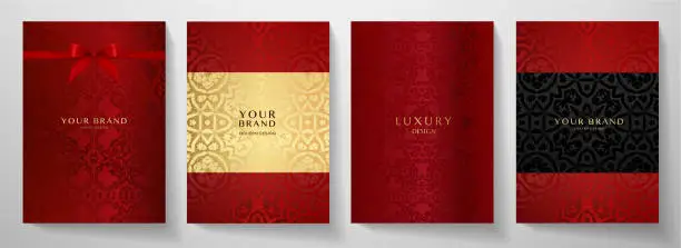 Vector illustration of Luxury red curve pattern cover design set. Elegant floral ornament on maroon background
