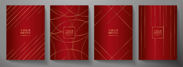 zeitgenössisches rotes cover-design-set. luxuriöser dynamischer goldkreis, linienmuster - einladungskarte stock-grafiken, -clipart, -cartoons und -symbole