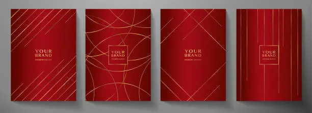 Vector illustration of Contemporary red cover design set. Luxury dynamic gold circle, line pattern