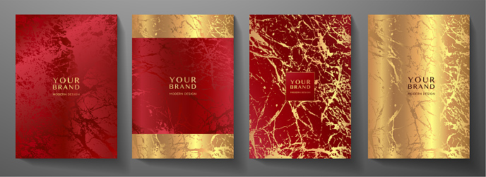Modern red and gold cover, frame design set. Creative premium abstract with gold marble texture (crack) background
