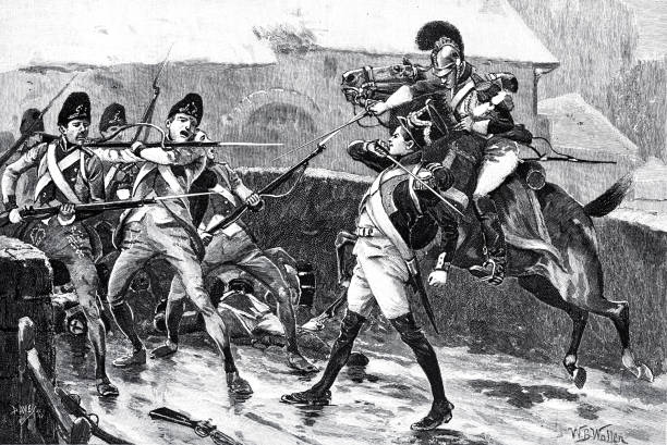 몬테로 다리에서 군인들이 싸우고 있습니다. - 1894 stock illustrations