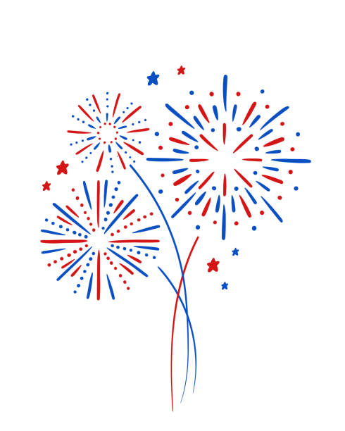 illustrazioni stock, clip art, cartoni animati e icone di tendenza di fuochi d'artificio blu e rossi brillanti. vettore isolato su sfondo bianco - fireworks