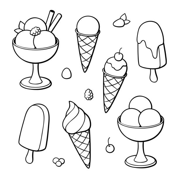 ilustraciones, imágenes clip art, dibujos animados e iconos de stock de juego de helados. blanco y negro - ice cream raspberry ice cream fruit mint