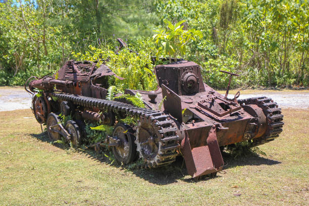 Palau - World War 2 Tanks Plant life has overgrowth these destroyed tanks of World War 2 in the island of Peleliu, Palau. palau stock pictures, royalty-free photos & images