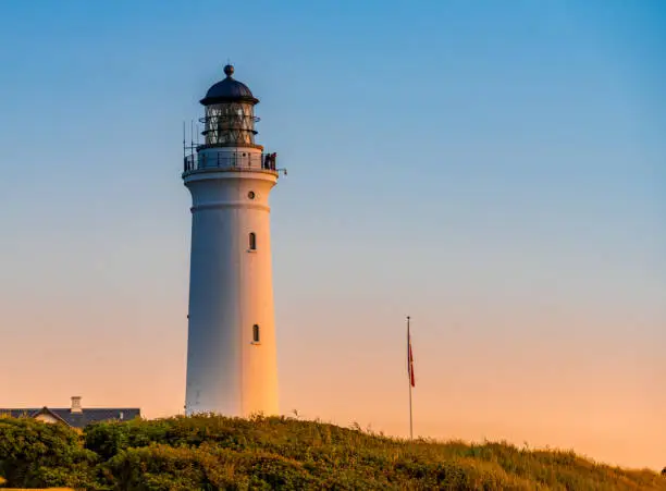 Photo of Hirtshals lighthouse (Hirtshals fyr) a famous landmark in the seaport town on the coast of Skagerrak at the top of the Jutland peninsula, Denmark.