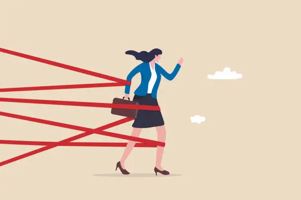 Vector illustration of Gender barrier, woman career obstacle or inequality, limitation or discrimination, effort to overcome difficulty concept, strong businesswoman try with full effort to break red tape to growing in work