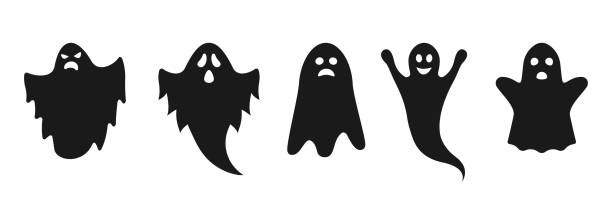 illustrazioni stock, clip art, cartoni animati e icone di tendenza di set di icone fantasma con simpatici volti spettrali, spaventosi, felici e divertenti. simbolo di halloween. illustrazione vettoriale. - ghost