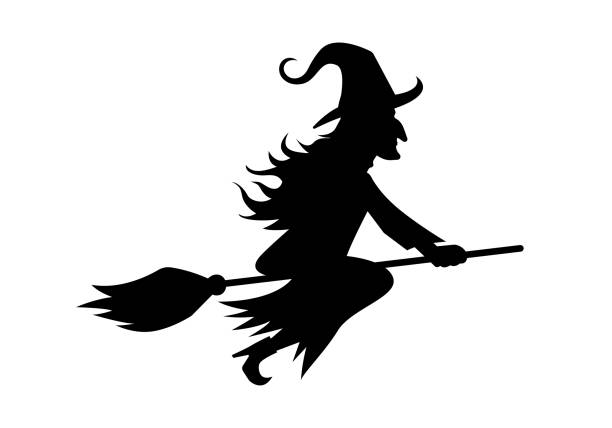 illustrazioni stock, clip art, cartoni animati e icone di tendenza di strega che vola su una scopa. silhouette nera. icona di halloween. illustrazione vettoriale. - wizard magic broom stick