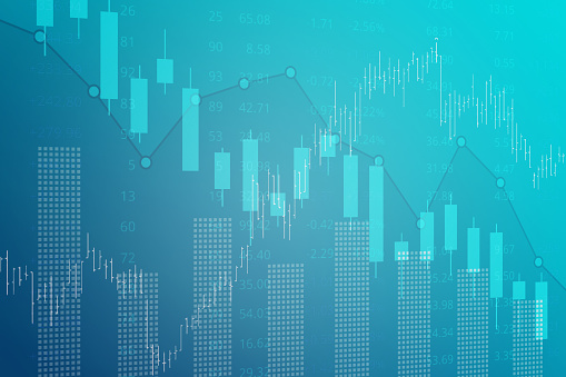 Financial background of stock and derivatives market, graphs, charts, columns, lines, numbers in blue color. Trend up and down. 3D illustration. Financial market concept