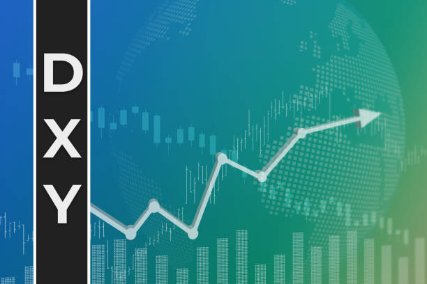 istock Rise and fall of U. S. Dollar currency index (ticker DXY), on blue finance background from graphs, charts, columns, candles, numbers 1339838788