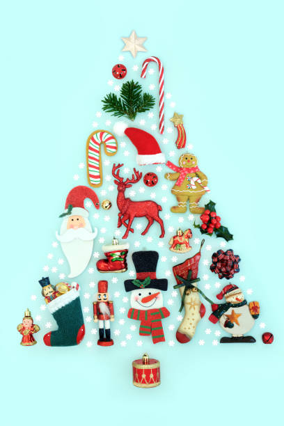 fantasy christmas tree shape design - xmas toys snowflake imagens e fotografias de stock