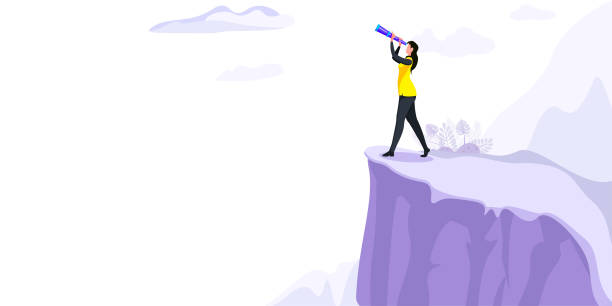 bildbanksillustrationer, clip art samt tecknat material och ikoner med business woman standing on top of a mountain looking into the telescope, the employee climbed the peak and hoisted the flag, business concept success and search opportunities - kvinna fokus