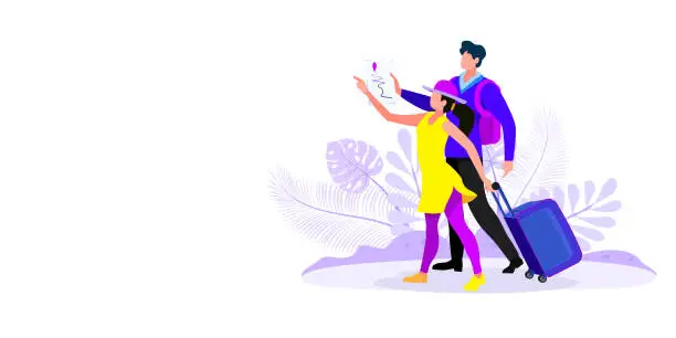 Vector illustration of World Tourism Day. Couple holding a world map. Vector illustration for banner, poster, postcard, cover, World travel and international tourism concept.